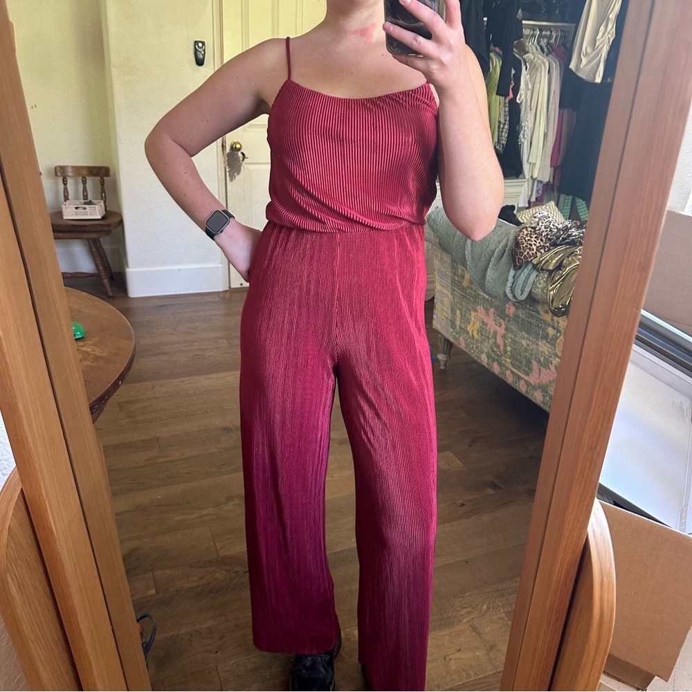 Forever 21 Red Sateen Pleated Jumpsuit